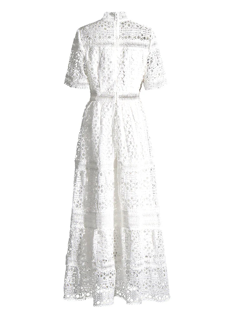 Beberino Embroidered Stand Collar Dress - Vintage Lace Panel Cut Out Elegant Dress