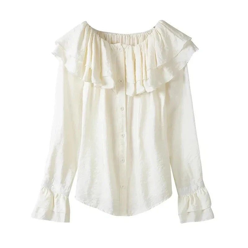 Beberino French Ruffles Off Shoulder Blouse Chic Button Flare Sleeve Female Tops