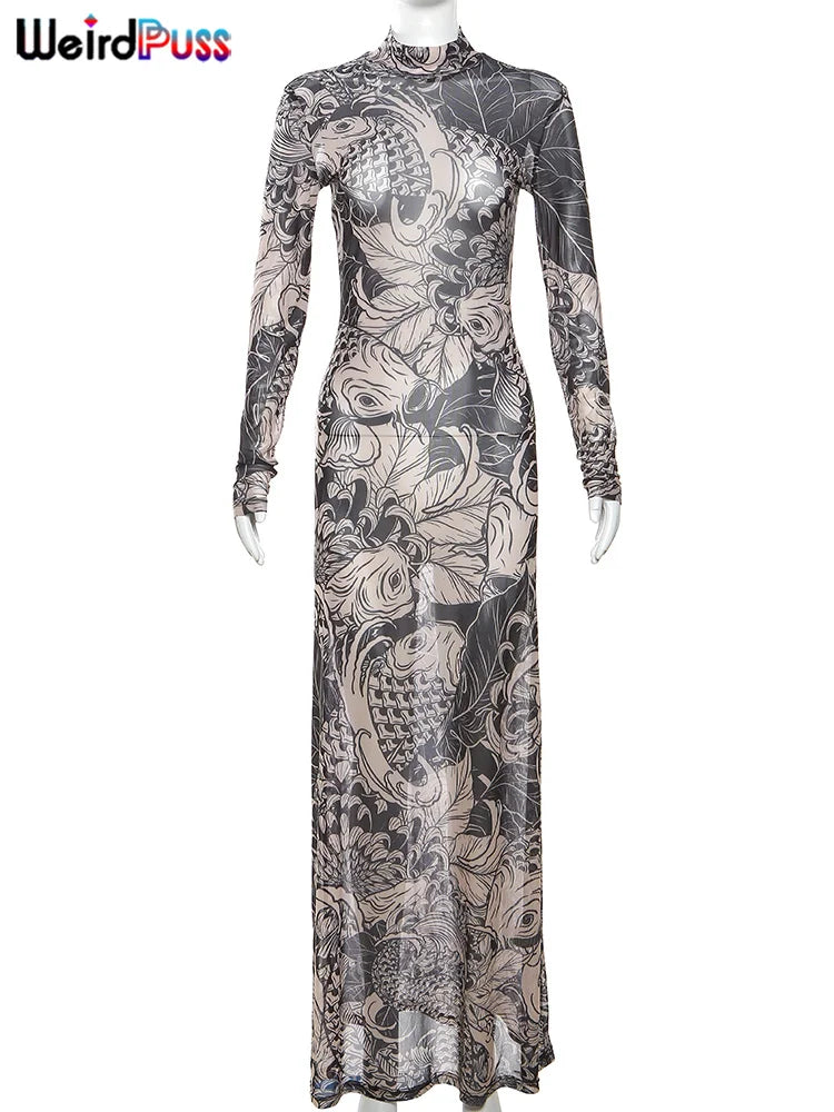 Beberino Mesh Print Maxi Dress Turtleneck Bodycon Full Sleeve for Hipsters & Parties