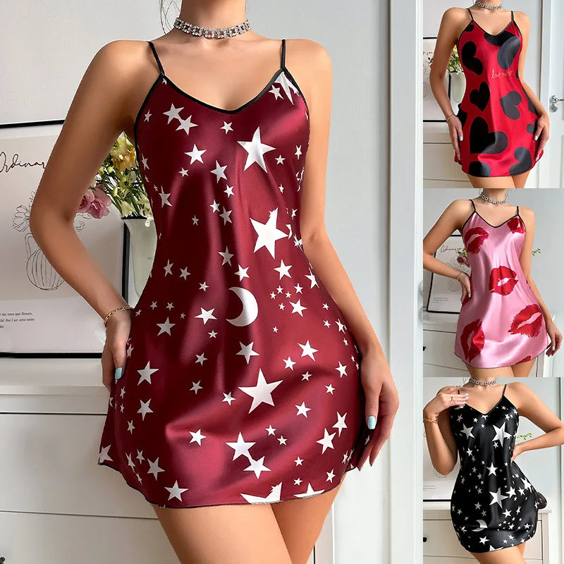 Beberino Summer Floral Suspender Dress: Silk Satin Backless Nightgown