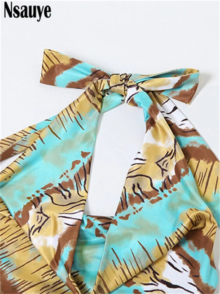 Beberino Halter Off Shoulder Long Wrap Print Dress for Summer Beach Party
