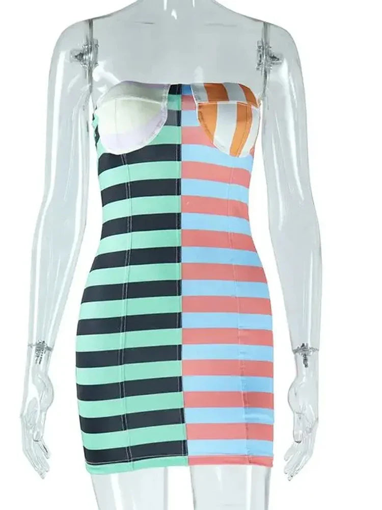 Beberino Colorful Striped Strapless Bodycon Dress for Women - Sexy Clubwear Slim Fit