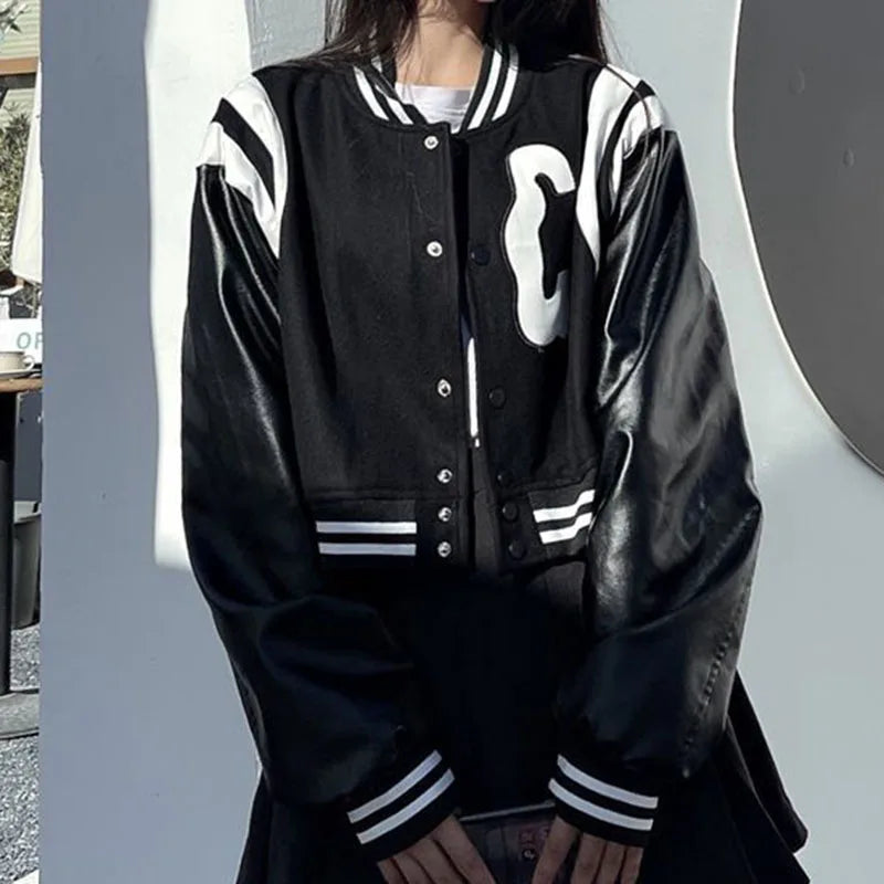 Beberino Black Baseball Jacket: Stylish Cropped Bomber for Women Streetwear Fashion