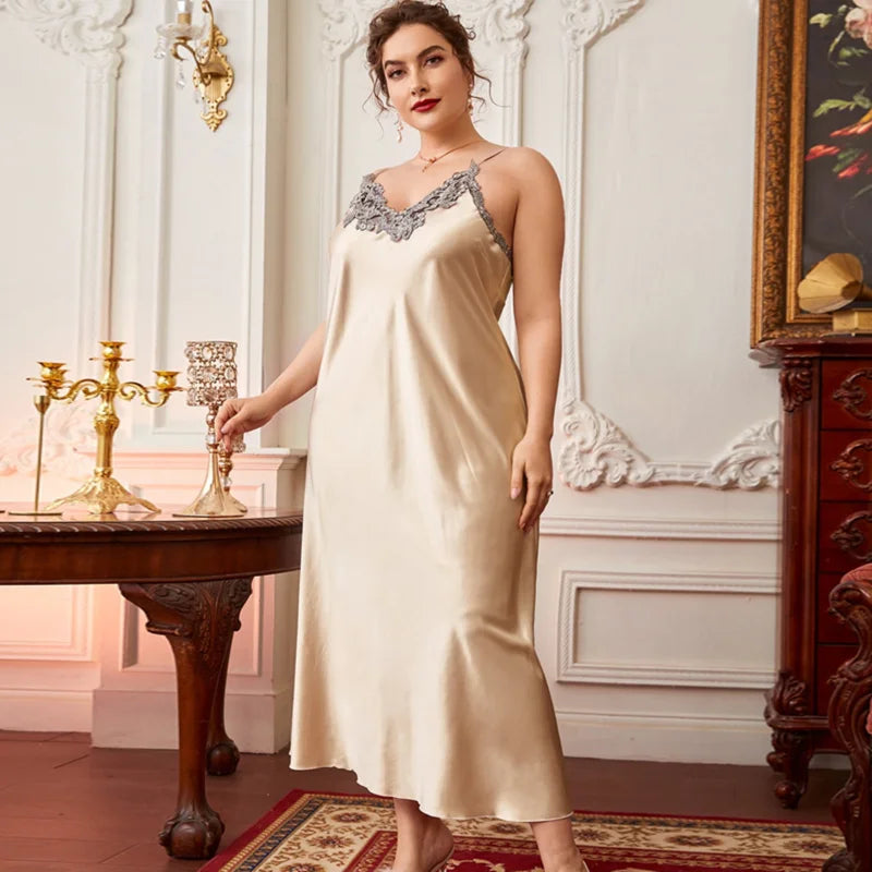 Beberino Lace Silk Satin Sleepwear Nightdress V-neck Nightgown Plus Size Nightwear