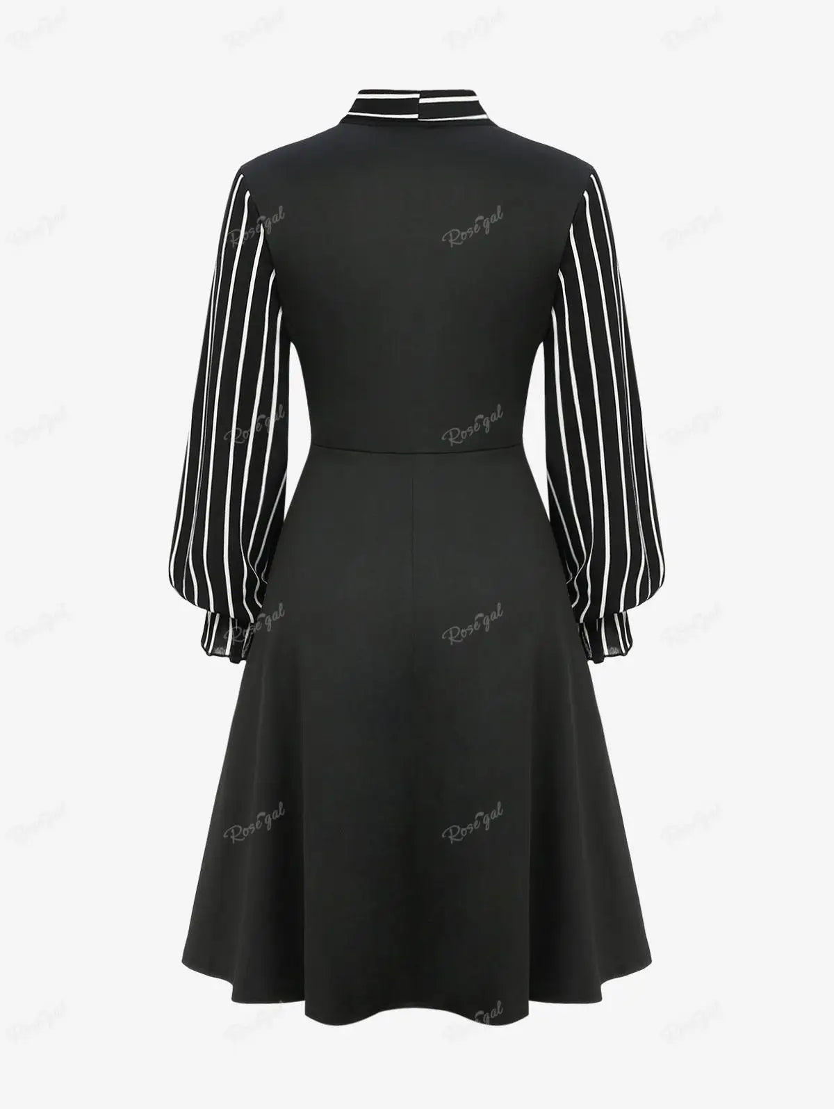 Beberino Gothic Striped PU Buckle Dress with Lantern Sleeves & Belted Design