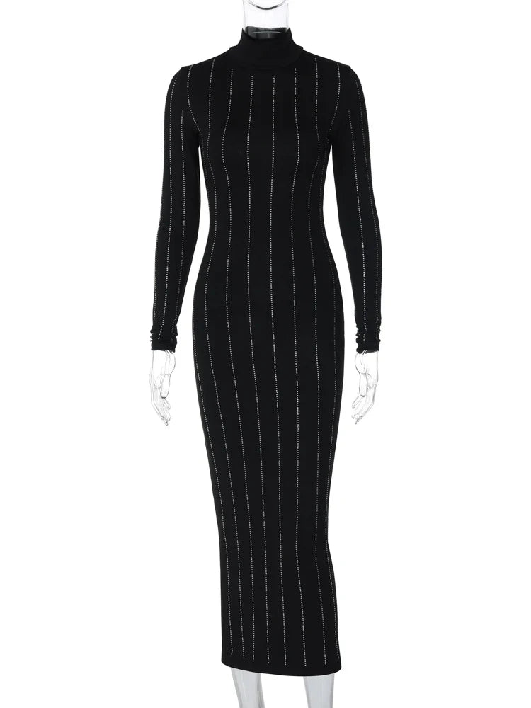 Beberino Chic Rhinestone Turtleneck Bodycon Dress for Women, Full Sleeve Slim Fit Elegant Party Vestido