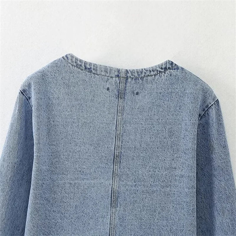 Beberino Denim Crop Jacket – Vintage Button-Up O-Neck Outerwear for Women