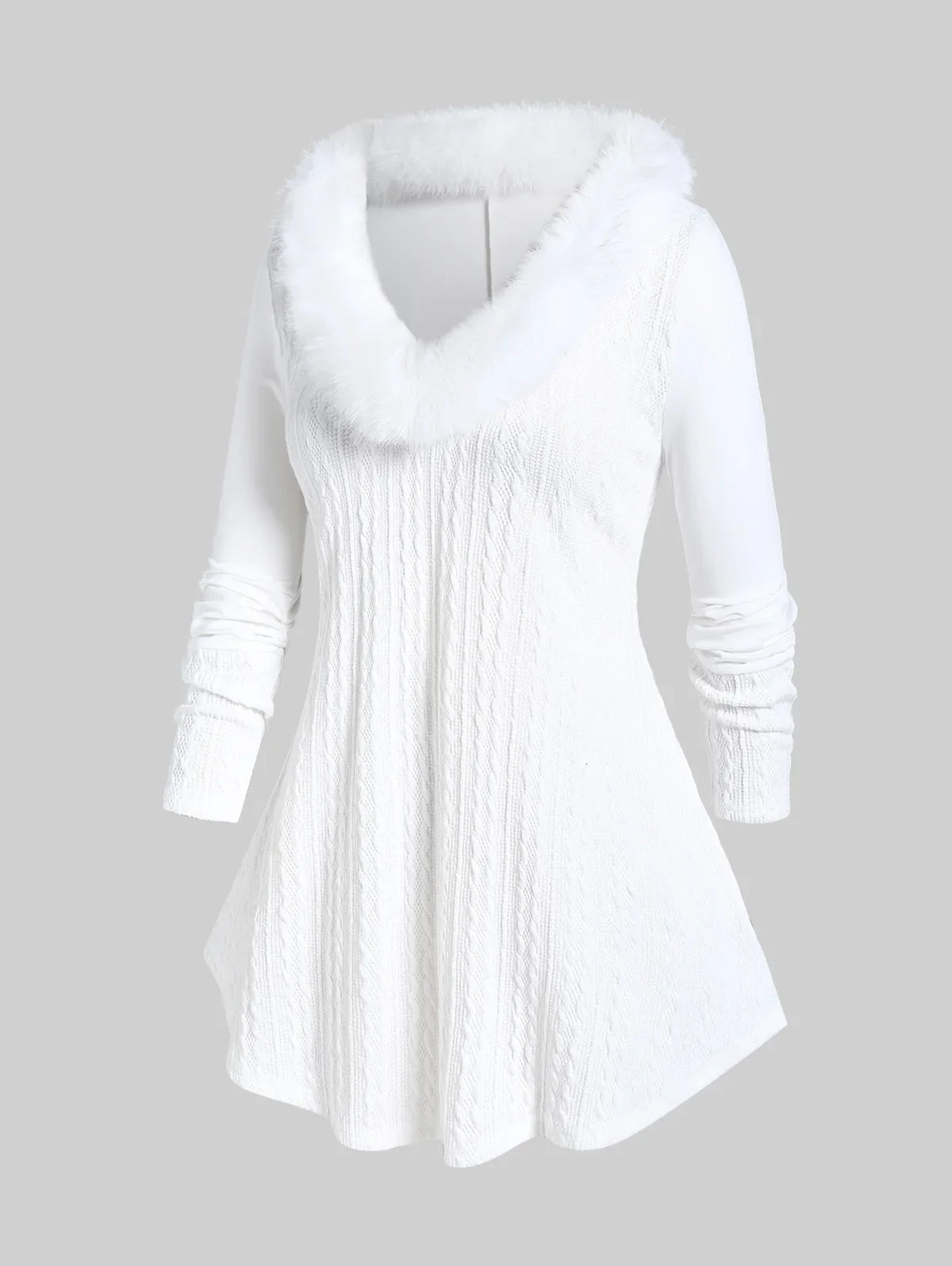 Beberino White Faux Fur Cable Knit Top Plus Size Women Streetwear Pullover