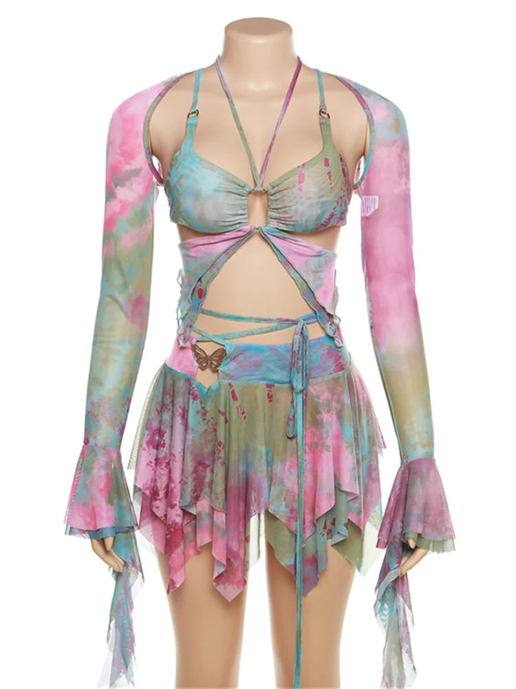 Beberino Tie Dye Butterfly 3-Piece Set: Camisole, Crop Top & Skirt