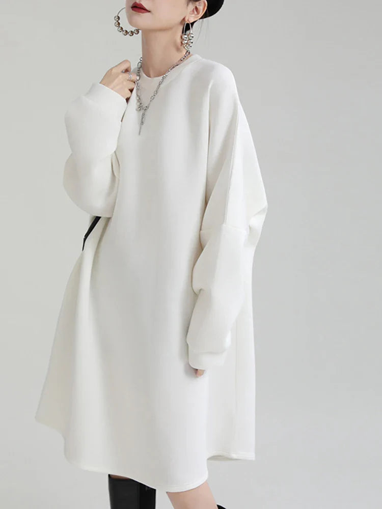 Beberino Women's White Maxi Dress | Round Neck Long Sleeve Loose Fit | Spring Autumn Fashion