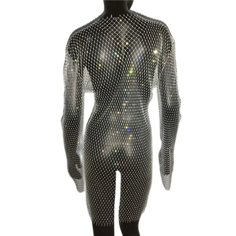 Beberino Sequin Mesh Patchwork Mini Dress - Sexy Rhinestone Party Club Outfit