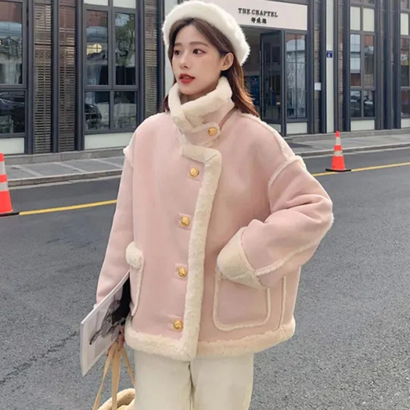 Beberino Fluffy Pink Wool Turtleneck Coat for Women: Warm Winter Outwear