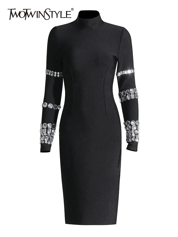 Beberino Turtleneck Diamond Patchwork Slimming Dress - High Waist Long Sleeve Fashion