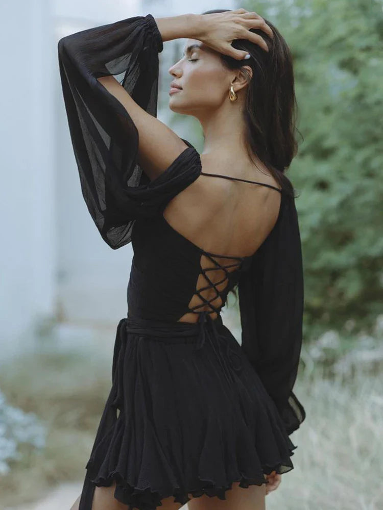 Beberino Sheer Lace-up Backless Mini Dress with Slit Sleeves & Ruffles