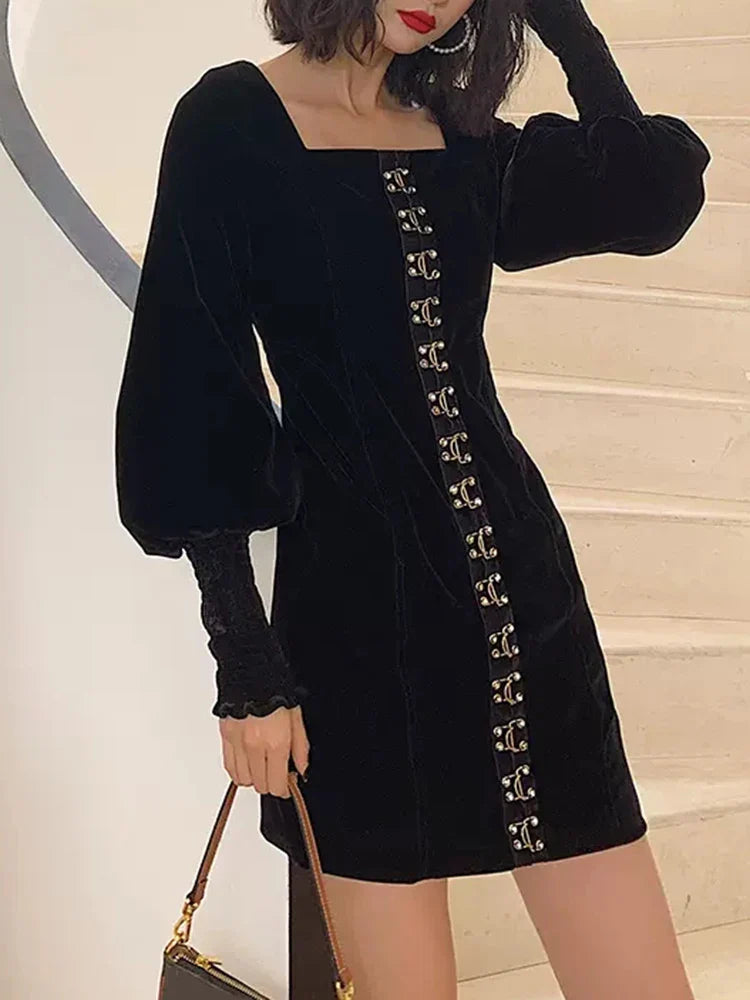 Beberino Square Collar Knit Dress. Solid High Waist Mini Dress for Women.