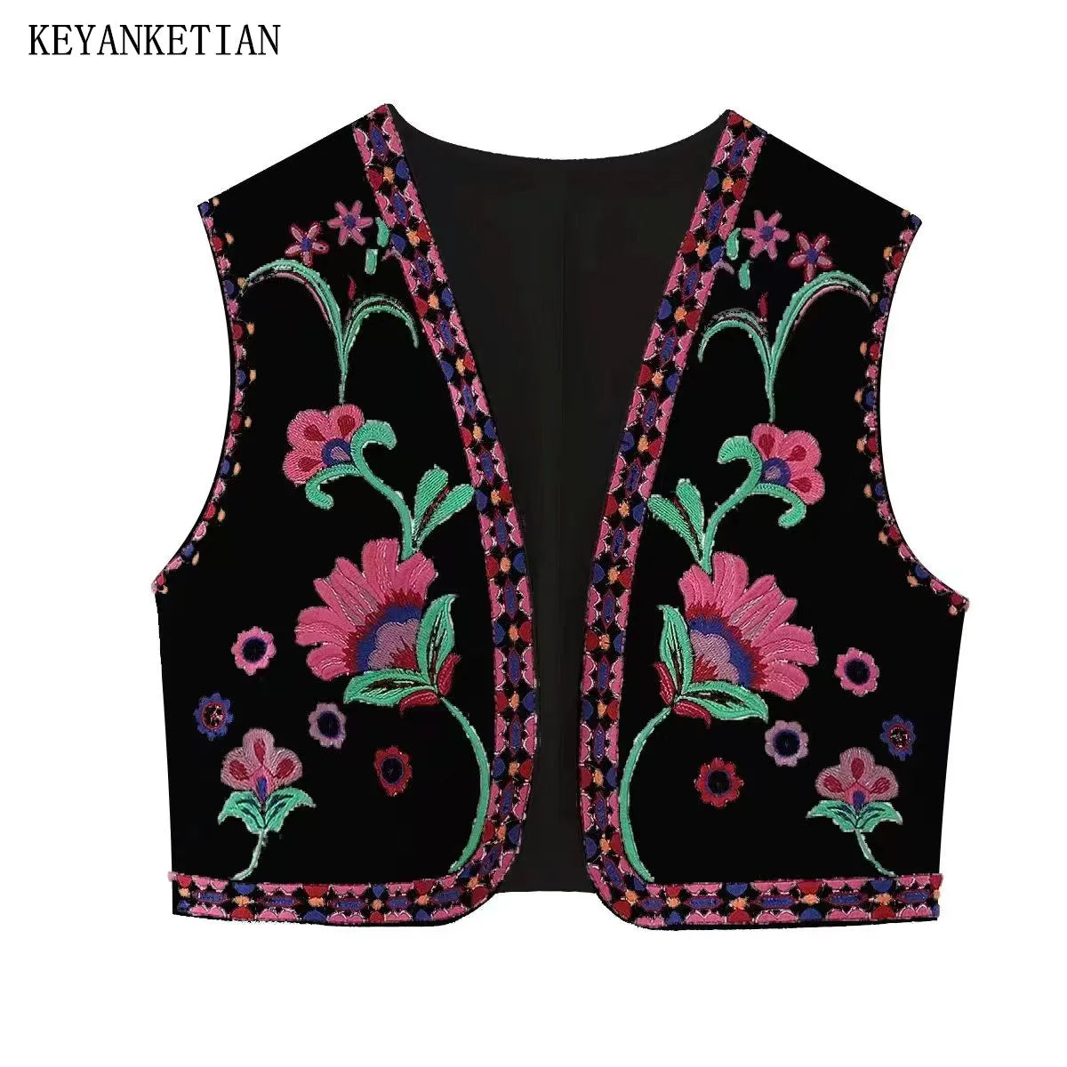 Beberino Women's Ethnic Floral Embroidery Vest and Short Top Set