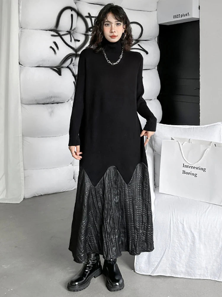 Beberino Black Knit Pleated Maxi Dress Turtleneck Long Sleeve Spring Autumn 2024