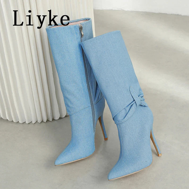 Beberino Blue Denim Knee High Boots - Sexy Pointed Toe Thin Heels