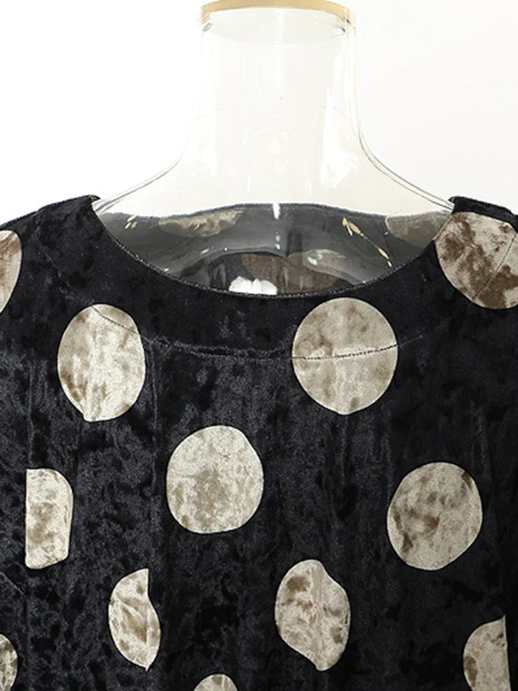 Beberino Black Dot Velvet Dress: Elegant Big Size, Round Neck, Long Sleeve, Loose Fit