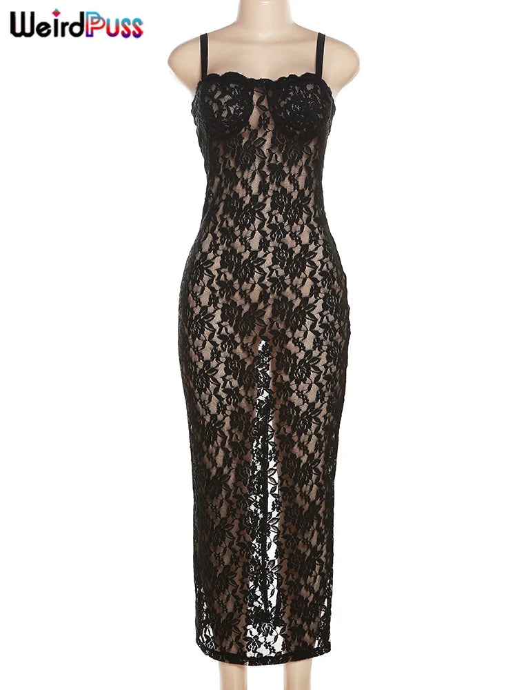 Beberino Black Lace Maxi Dress - Sexy Sleeveless Bodycon Nightclub Party Dress