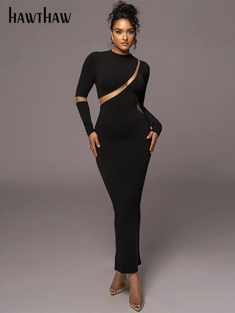 Beberino Women's Black Bodycon Long Dress for 2023 Autumn Winter Parties