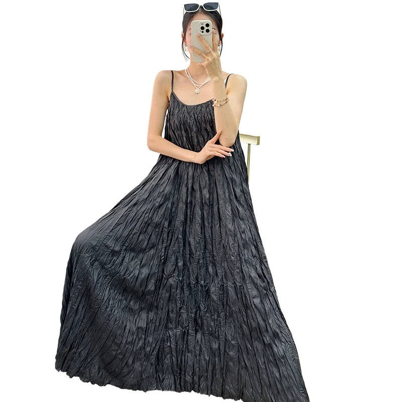 Beberino 2024 Autumn Velvet Tank Top Pleated Skirt Dress Black