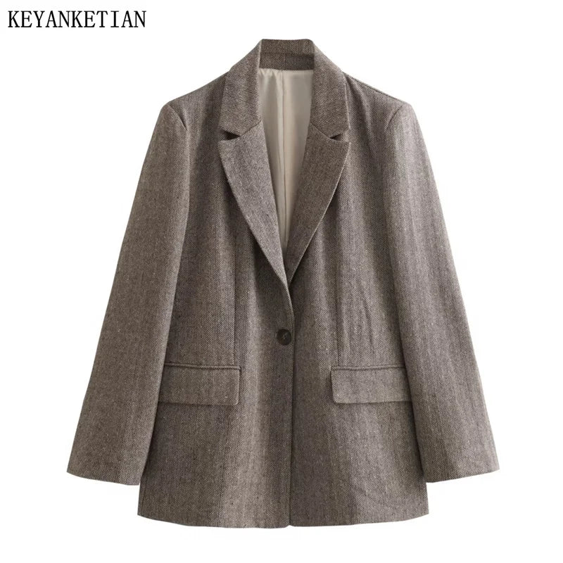 Beberino Herringbone Twill Suit One-Button Wool Coat for Women.