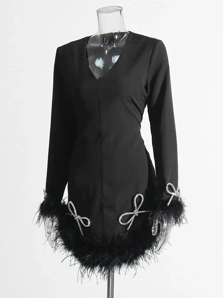 Beberino V-Neck Feathers Bowknot Slim Dress