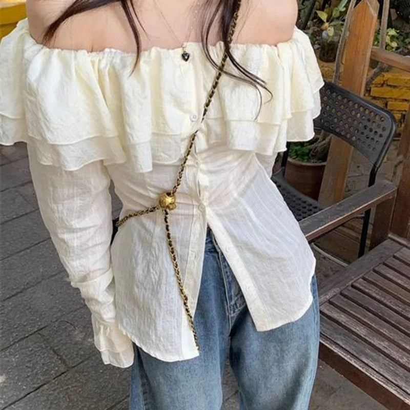 Beberino French Ruffles Off Shoulder Blouse Chic Button Flare Sleeve Female Tops