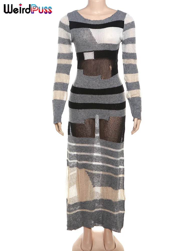 Beberino Striped Knit See Through Maxi Bodycon Dress with Long Sleeve