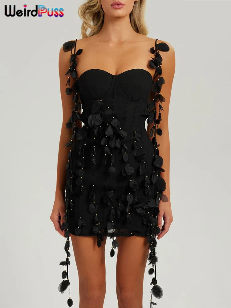 Beberino Chic Feather Bodycon Dress: Y2K Irregular Tassel Backless Sexy Clubwear