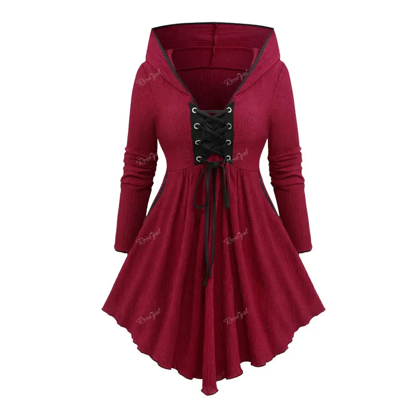 Beberino Deep Red Handkerchief Hooded T-shirt with Ruffles - Plus Size Pullover Tops