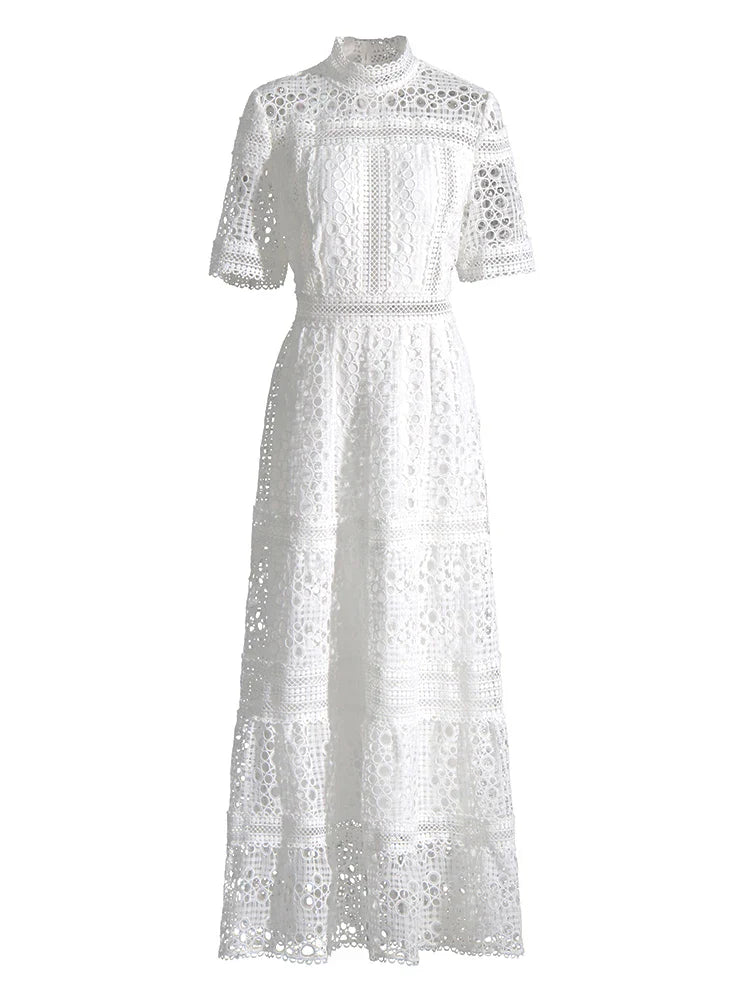 Beberino Embroidered Stand Collar Dress - Vintage Lace Panel Cut Out Elegant Dress