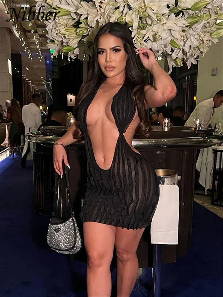 Beberino Agaric Lace Mini Dress: Sexy Deep V Neck Halter Backless Clubwear