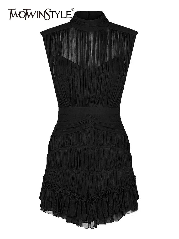 Beberino Ruffle Hem Layered Mini Dress Turtleneck Sleeveless High Waist Solid Summer Females