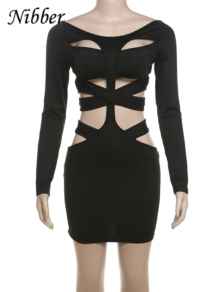 Beberino Irregular Hollow Out Mini Dress - Sexy Stretch Bodycon Club Vestidos