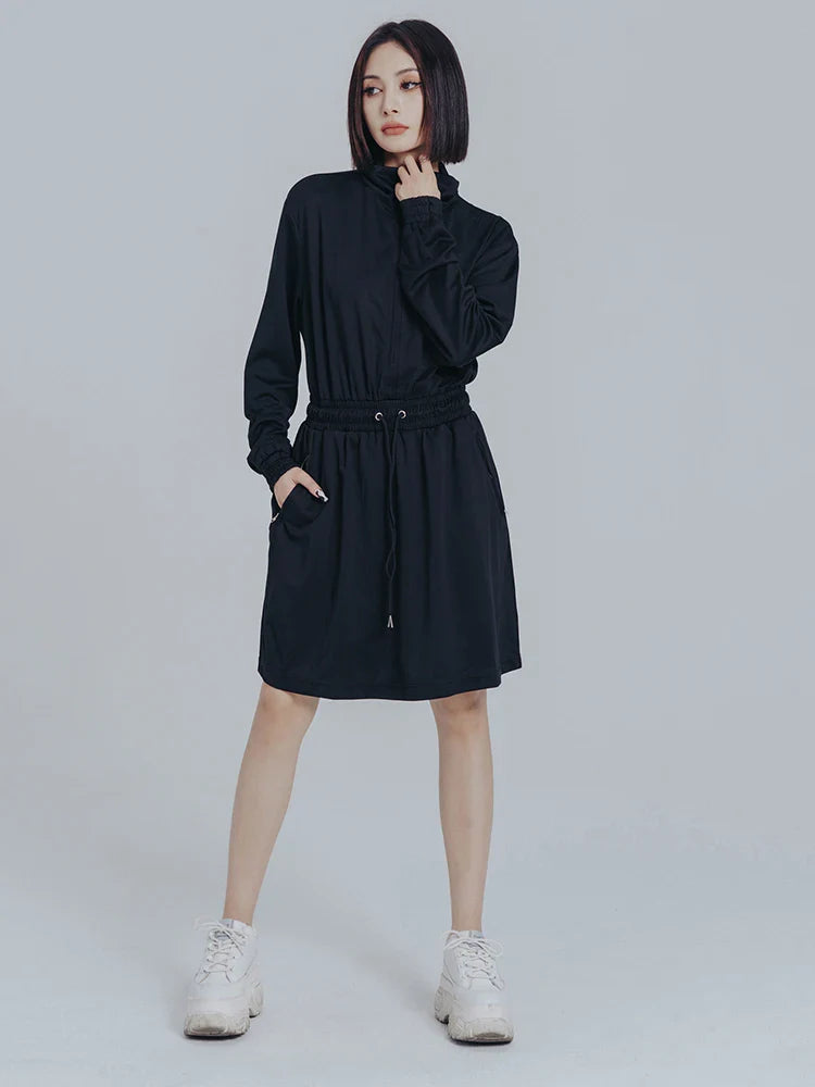 Beberino Women's Black Drawstring Casual Knee-Length Dress | Long Sleeve Loose Fit Lapel Dress