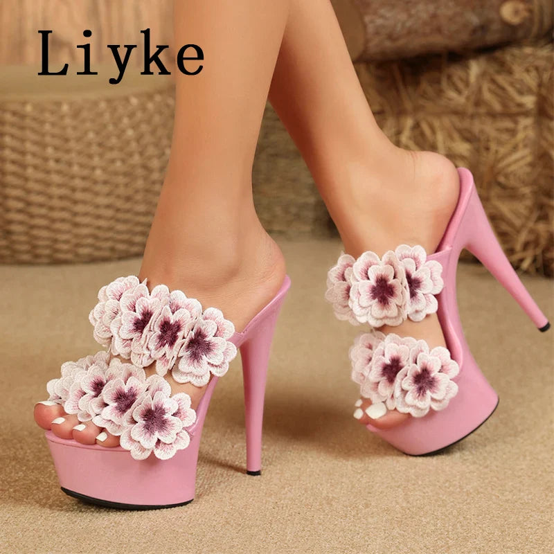 Beberino Embroidered Floral High Heel Platform Sandals - Summer Fashion Runway Pumps