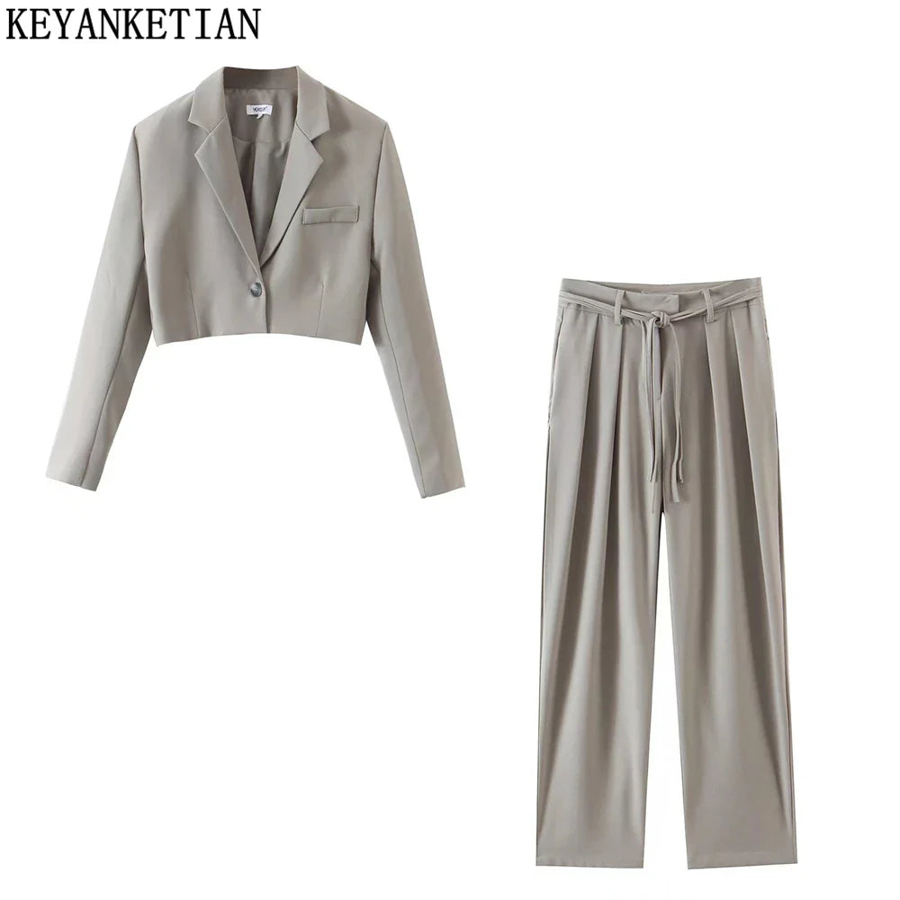 Beberino Spring Autumn Women's Casual Two-Piece Short Suit High Waist Wide Leg Pants