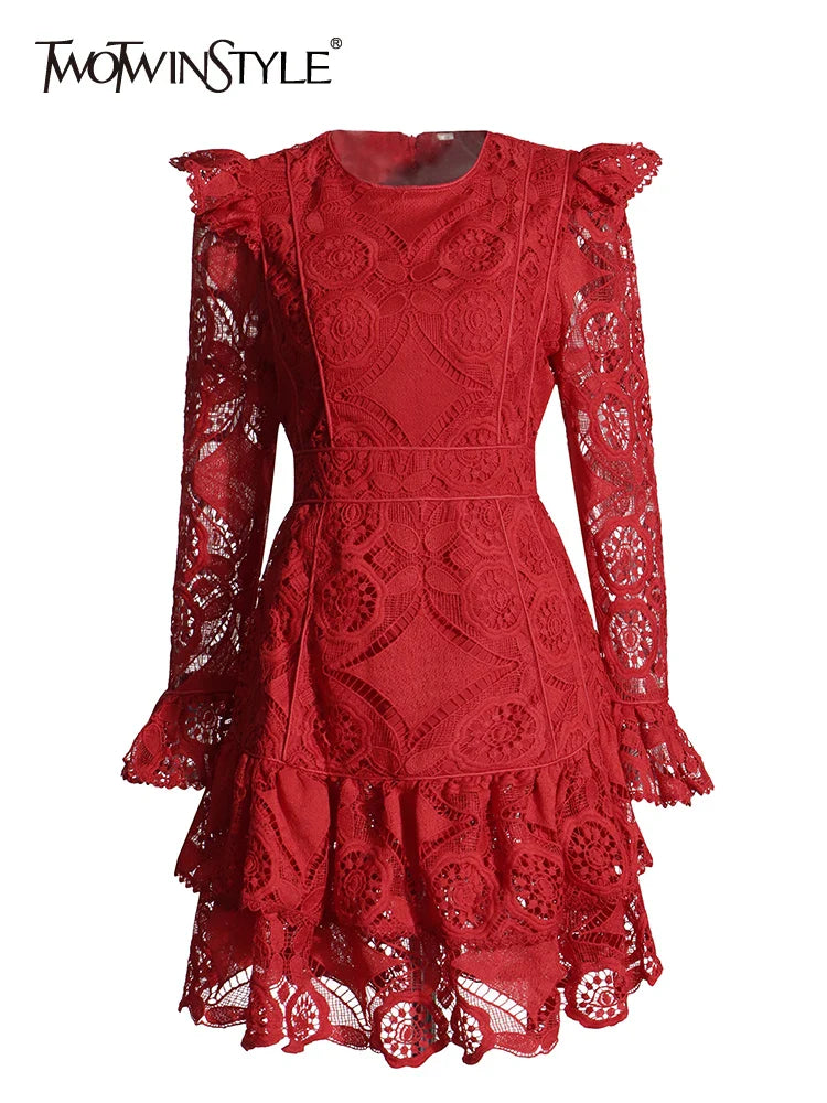 Beberino Embroidered Flare Sleeve Dress - Elegant Hollow Out Chic Zipper Detail