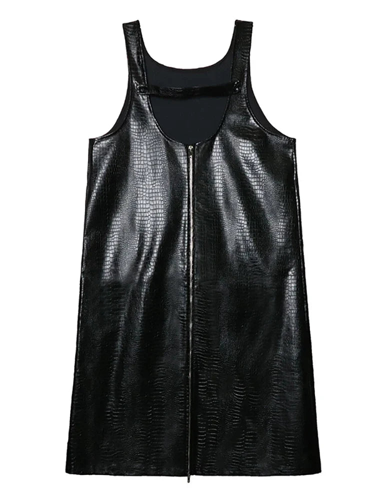 Beberino Black PU Leather Zipper Strap Dress Square Collar Sleeveless Fashion Spring Autumn