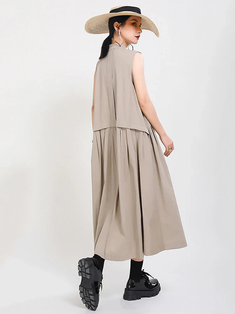 Beberino Khaki Split Pleated Dress: Stand Collar Fashion Loose Fit Summer 2024