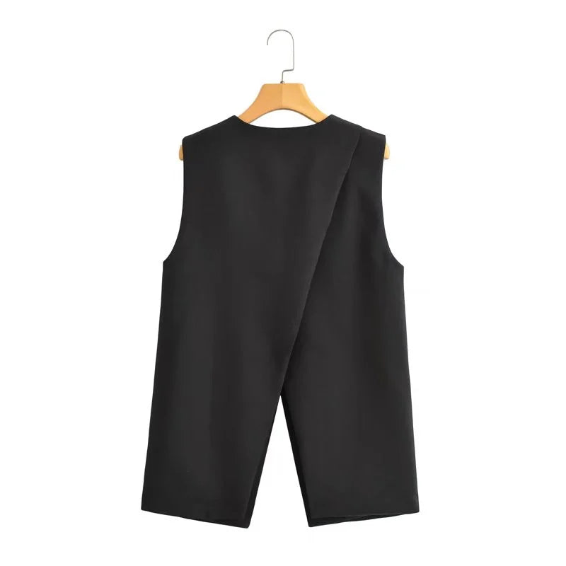 Beberino Black Slim Fit Vest with Back Slit, Asymmetrical Design, & Sleeveless Coat