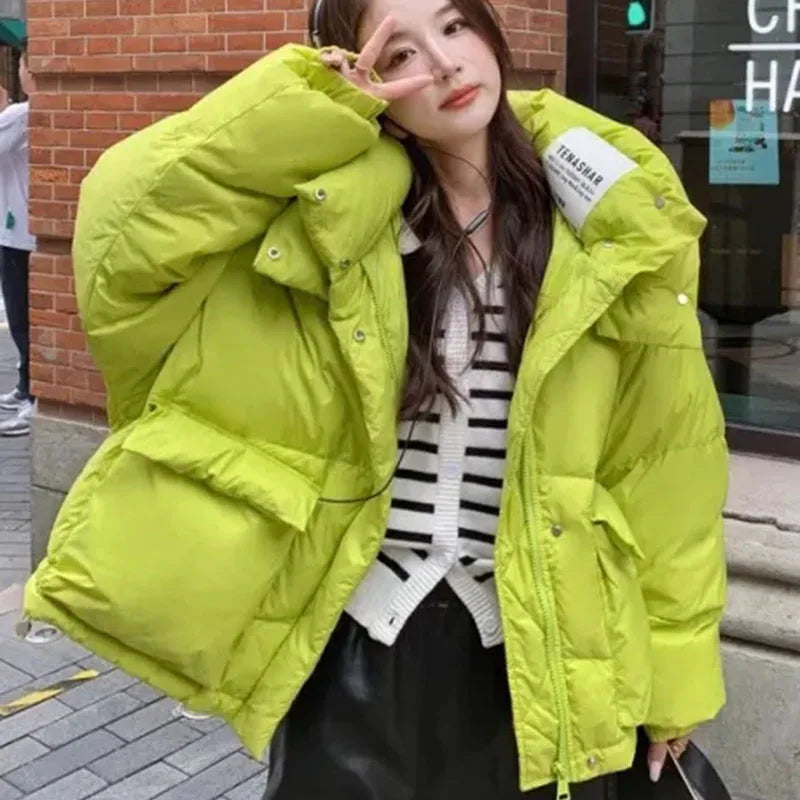 Beberino Green Down Jacket with Hood, Big Pockets, Warm Winter Cotton Coat for Women.