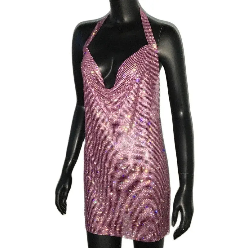 Beberino Rhinestone Halter Neck Backless Mini Dress:sleeveless, V Neck, Side Split, Party Dress