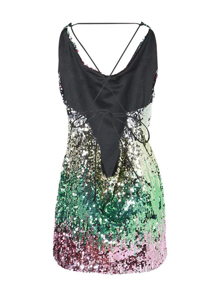 Beberino Sequins Halter Sleeveless Mini Dress High Waist Sheath Sexy Summer Fashion