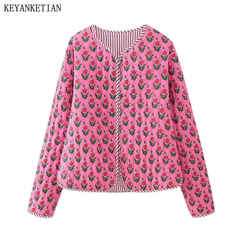 Beberino Sweet Flower Print Quilted Crop Jacket Woman's Outerwear