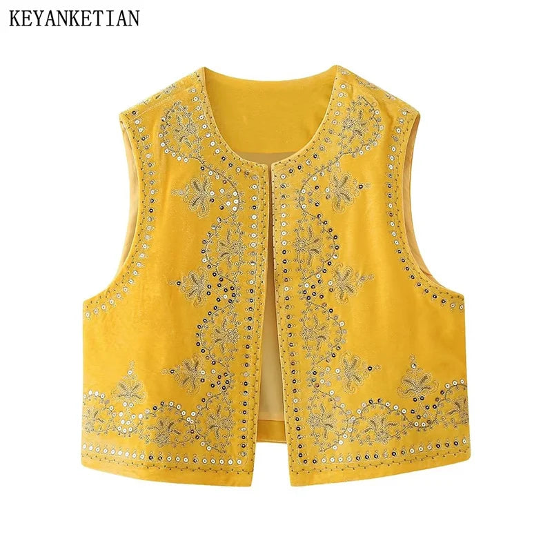 Beberino Chinese Style Sequined Embroidery Velvet Yellow Waistcoat Crop Top