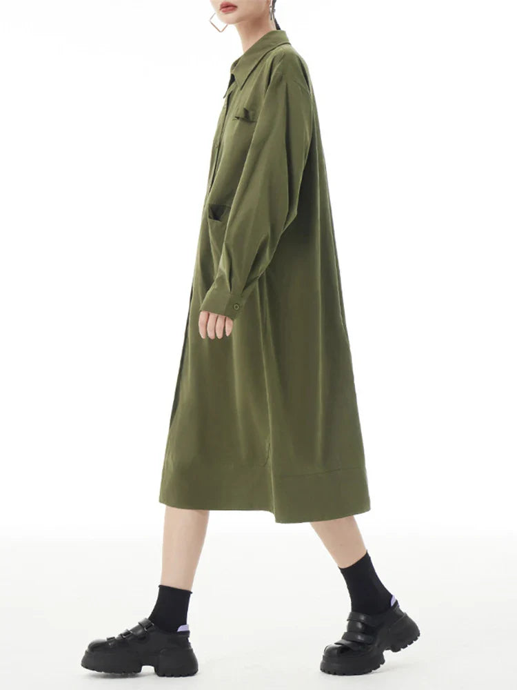 Beberino Green Midi Shirt Dress with Big Pockets | Long Sleeve Loose Fit Fashion