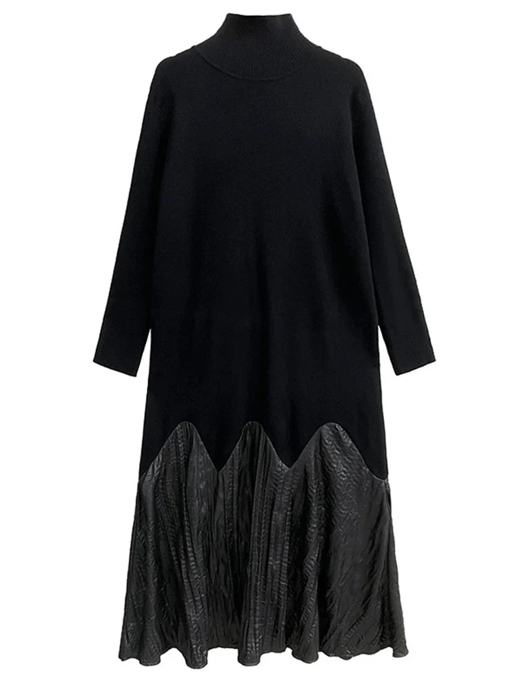 Beberino Black Knit Pleated Maxi Dress Turtleneck Long Sleeve Spring Autumn 2024